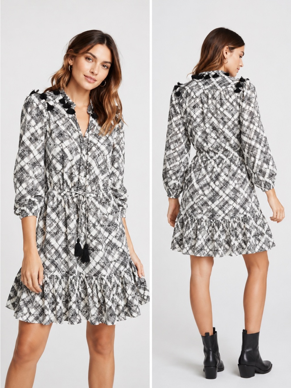 Figue Sz XS Emma Tiered Dress Bahia Tile Print Tassel Tie Drop Waist Boho Black